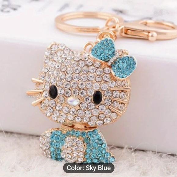 Hello Kitty Rhinestone Keychain Sky Blue and Gold Tone - Picture 2 of 7